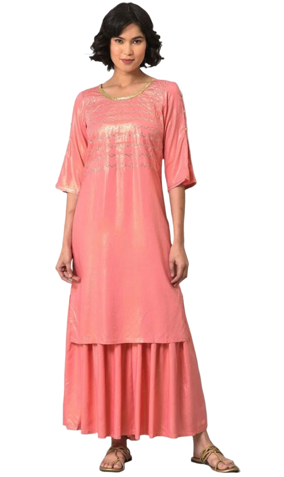 Pink Printed Straight kurta-Sharara Set