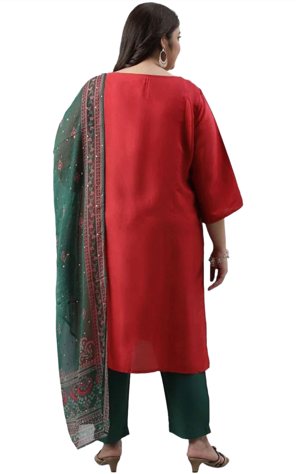 Plus Size Red Glitter Printed Festive kurta With Green Slim Pants And Printed Dupatta in Poland