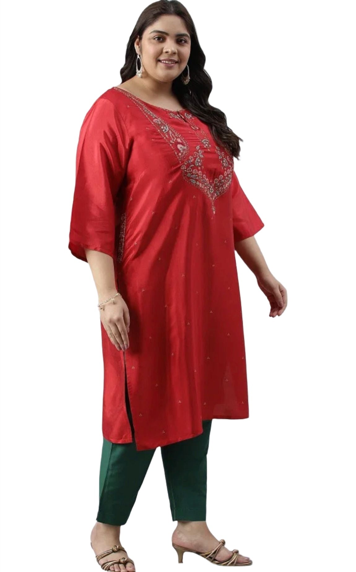 Plus Size Red Glitter Printed Festive kurta With Green Slim Pants And Printed Dupatta in Poland
