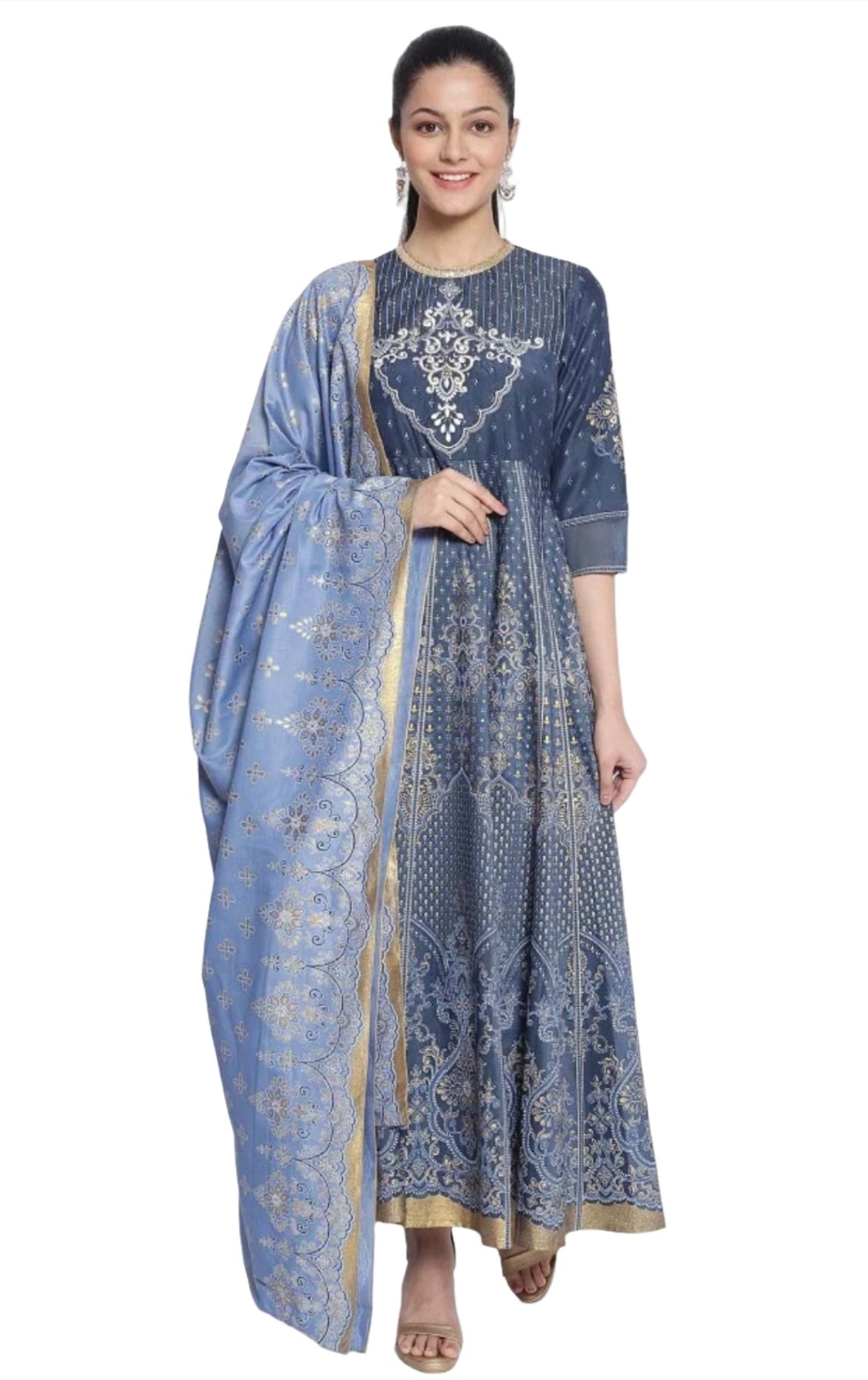 Dark Grey Printed Dress-Dupatta Set in Paris