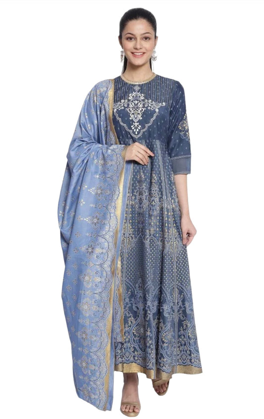 Dark Grey Printed Dress-Dupatta Set in Paris