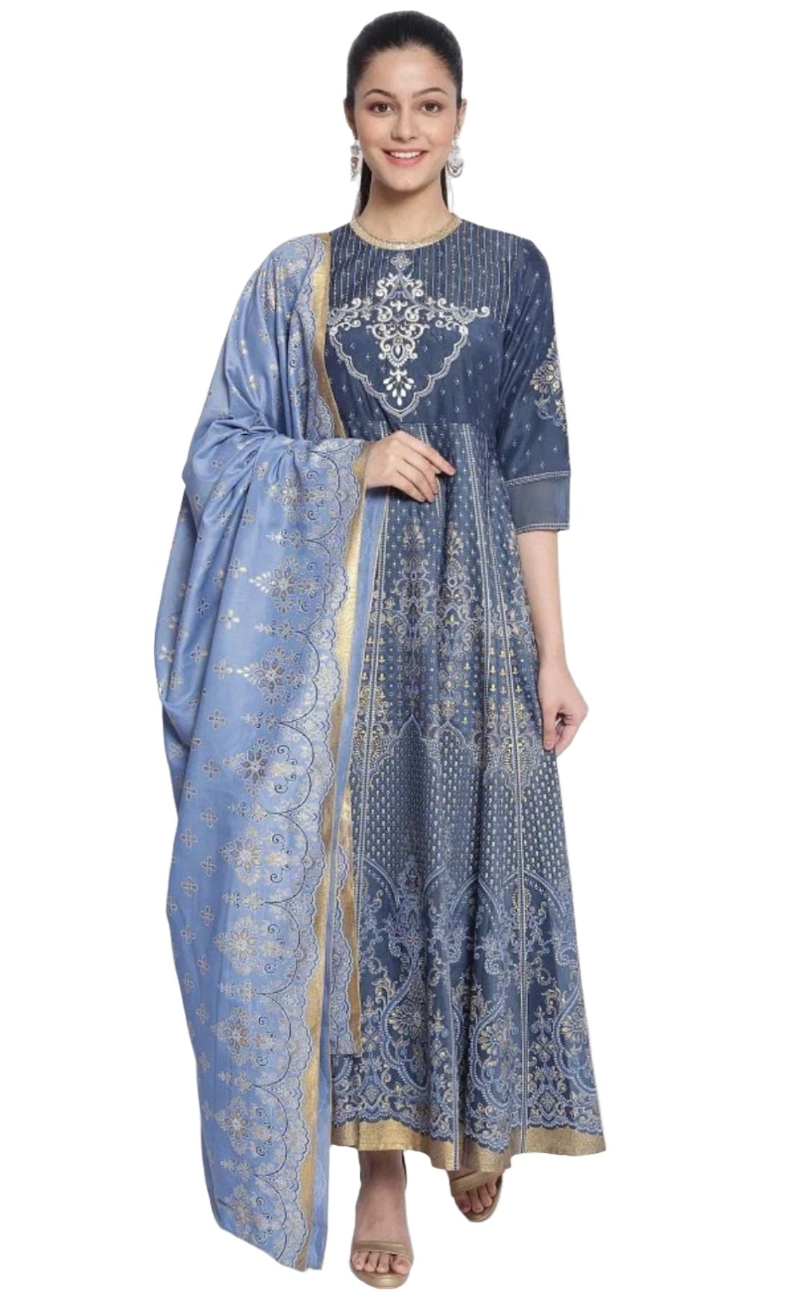 Dark Grey Printed Dress-Dupatta Set in Paris