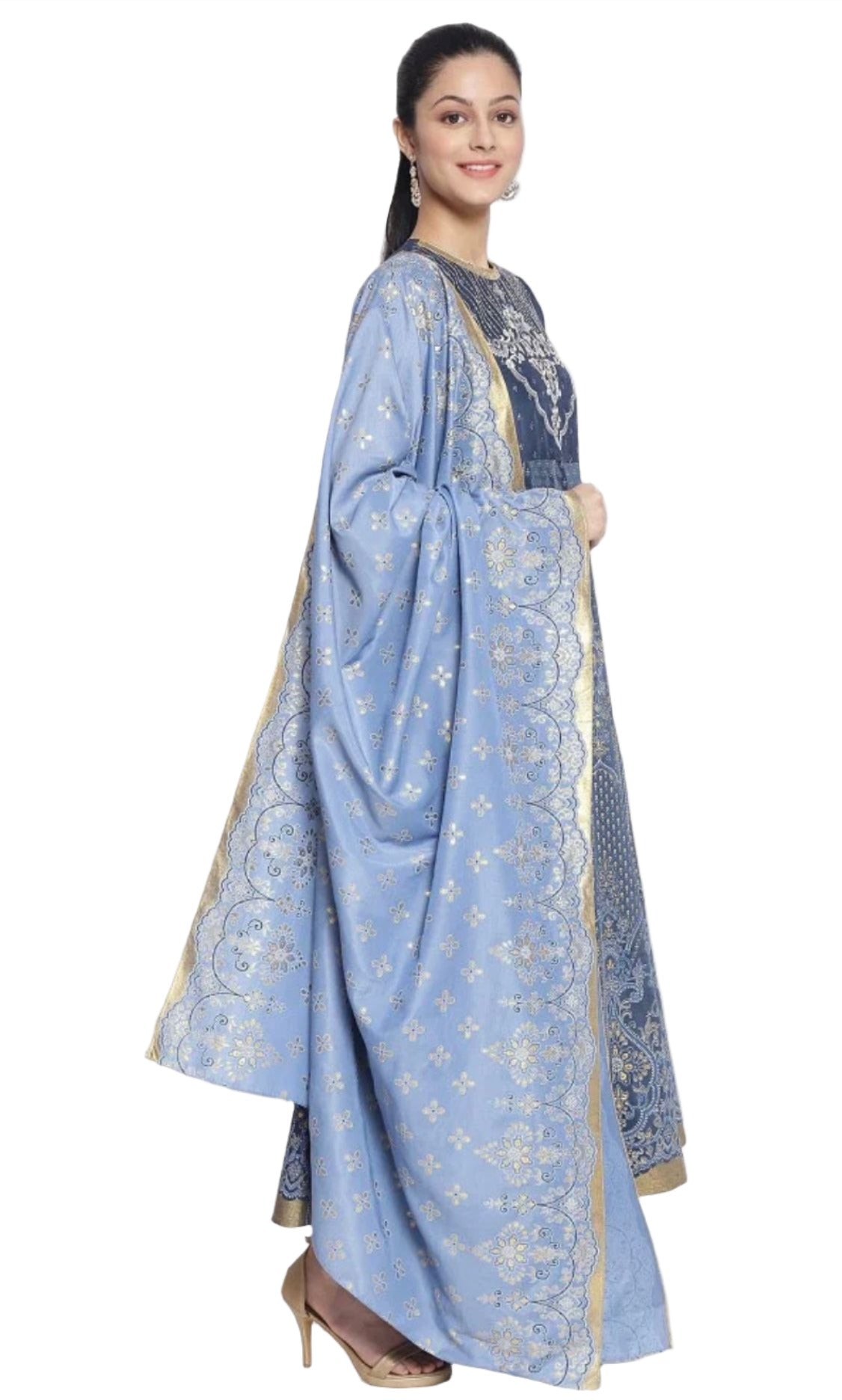 Dark Grey Printed Dress-Dupatta Set in Paris