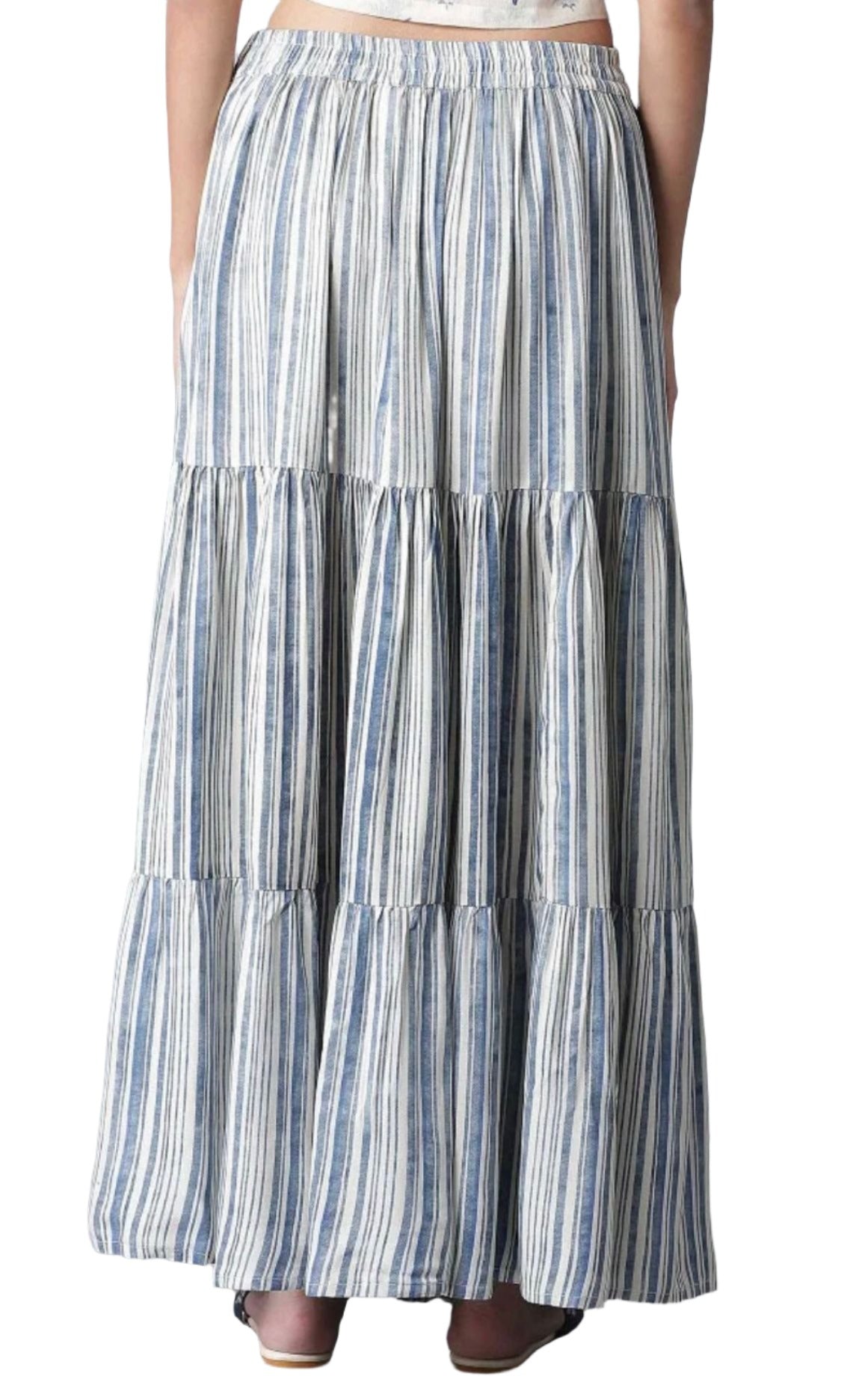 Ecru and Blue Stripe Print Tiered Skirt