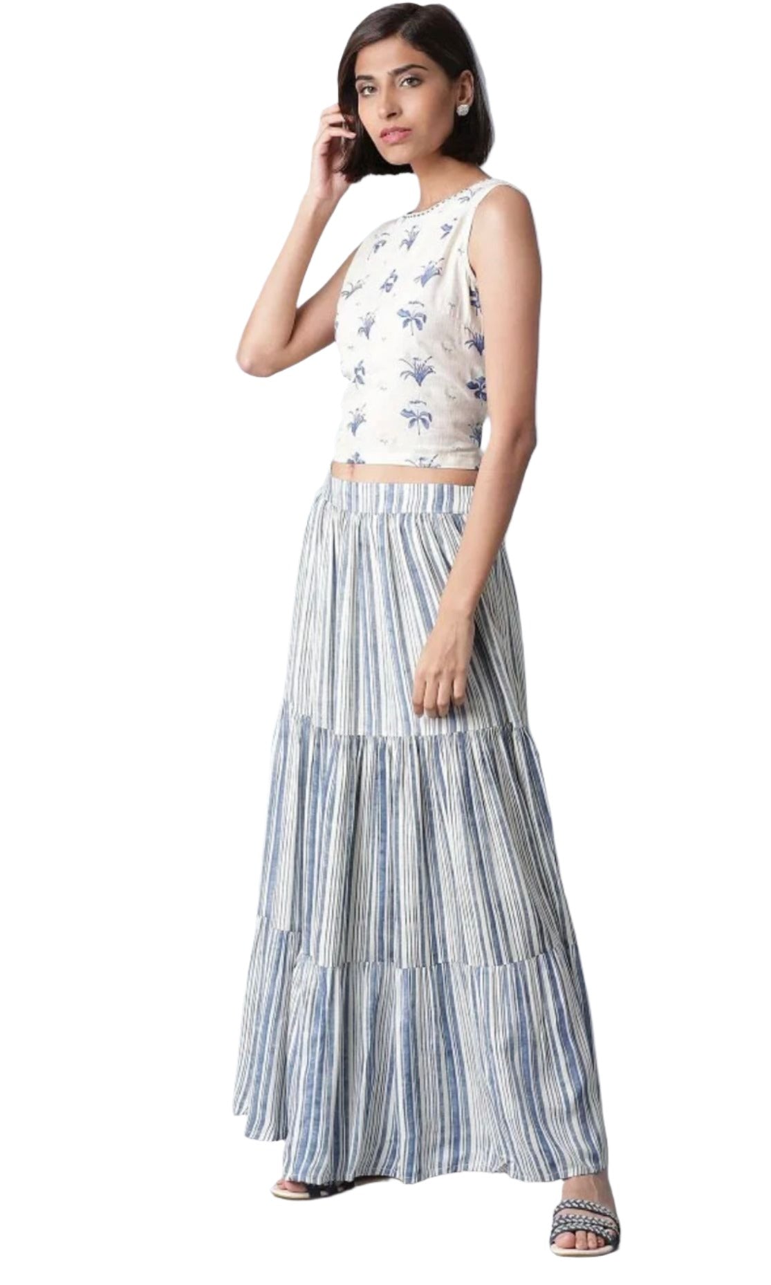 Ecru and Blue Stripe Print Tiered Skirt
