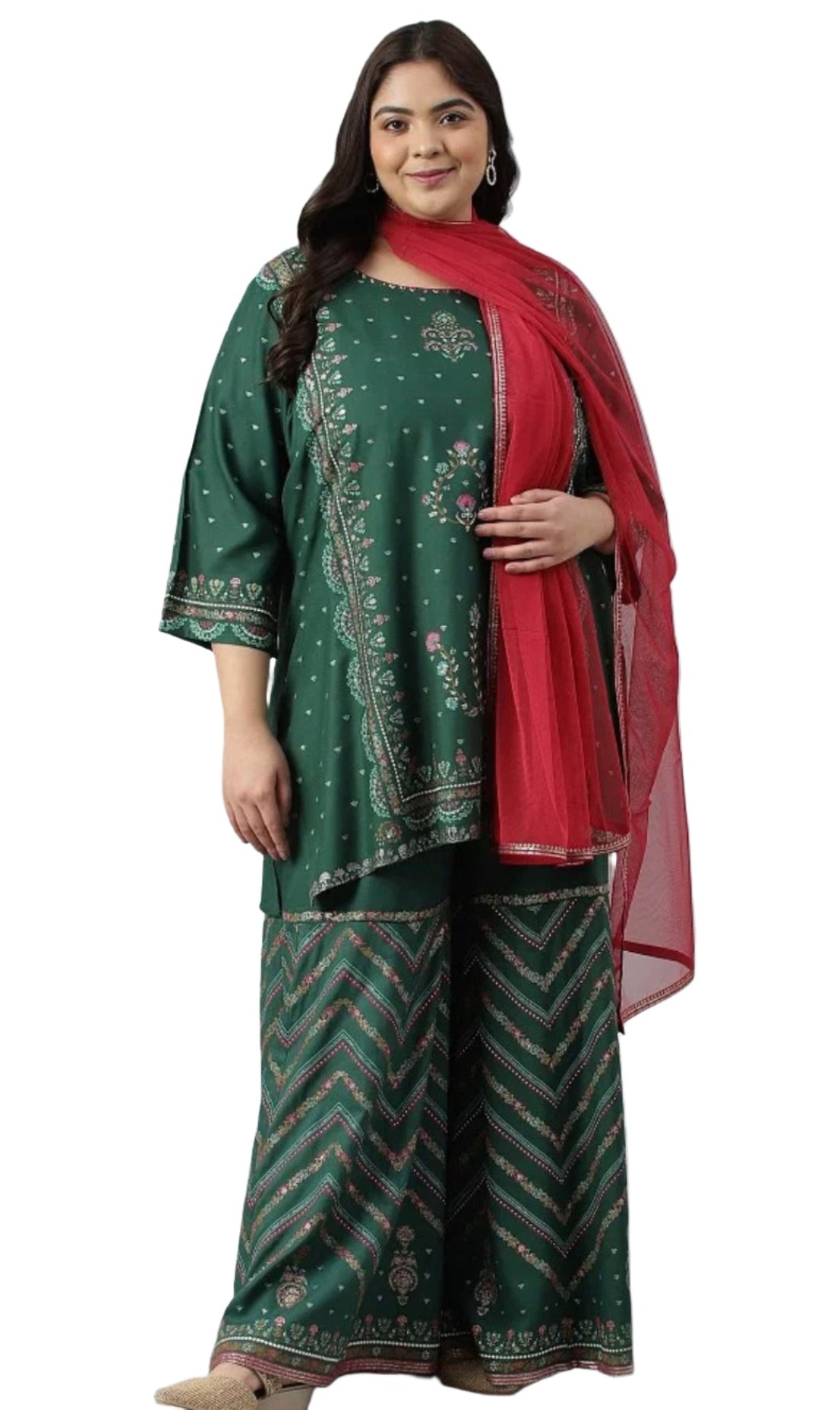Plus Size Dark Green Glitter Floral Printed kurta With Sharara Pants And Pink Dupatta in Berlin