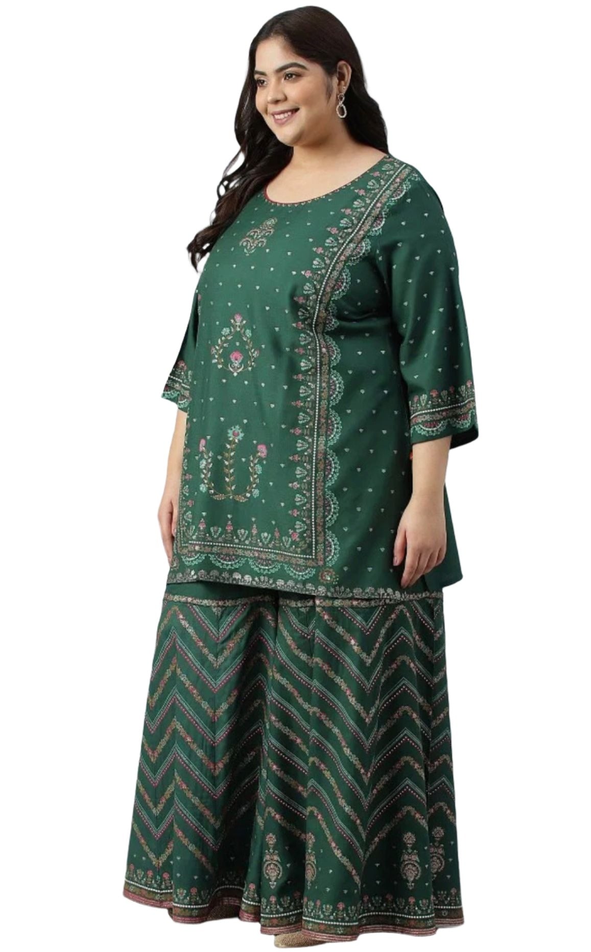 Plus Size Dark Green Glitter Floral Printed kurta With Sharara Pants And Pink Dupatta in Berlin
