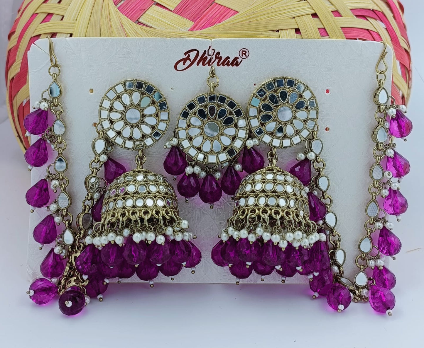 Finish Kundan And Purple Bead Jhumka Earrings