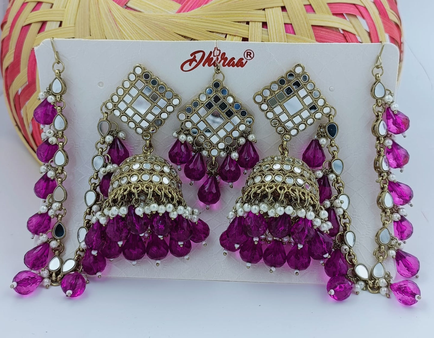 Gold Finish Kundan And Purple Bead Jhumka Earrings