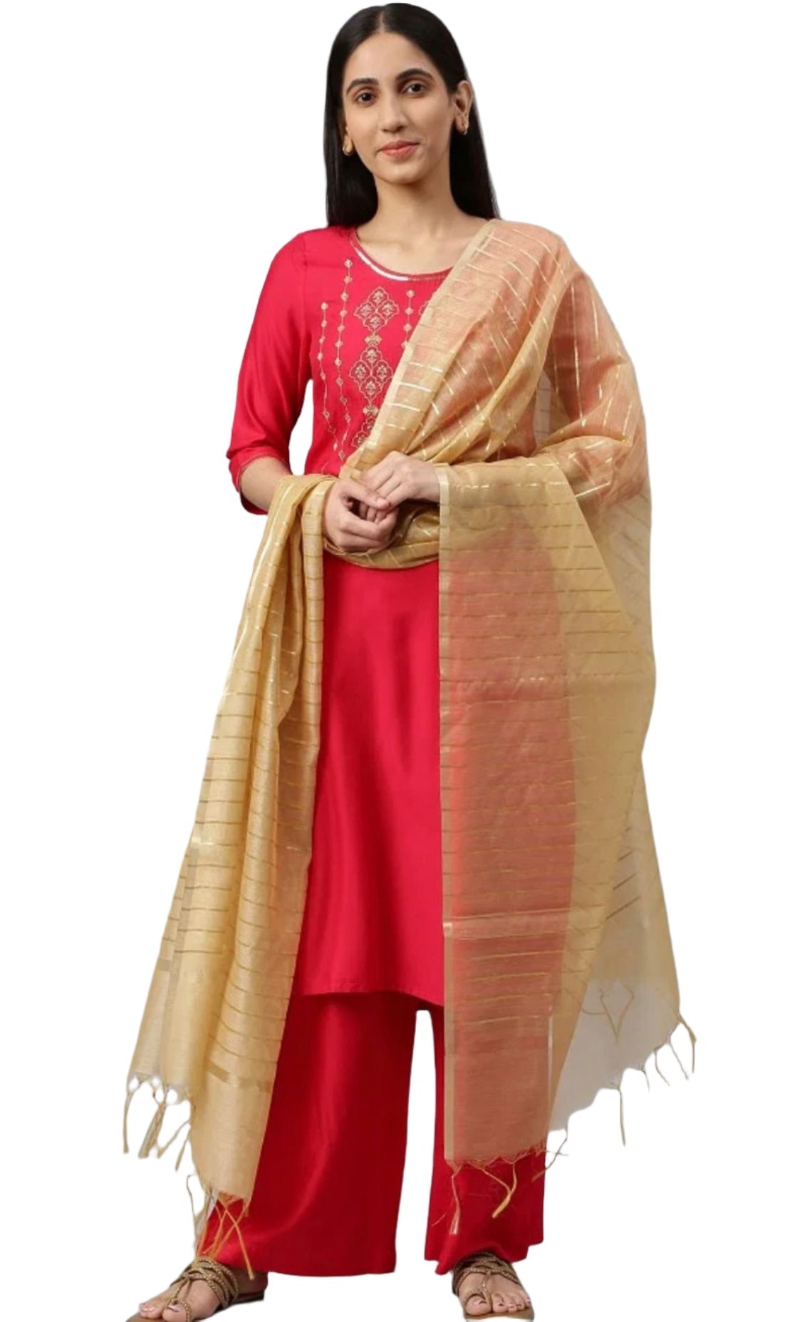 Maroon Embroidered kurta-Palazzo-Gold Dupatta Set in Germany