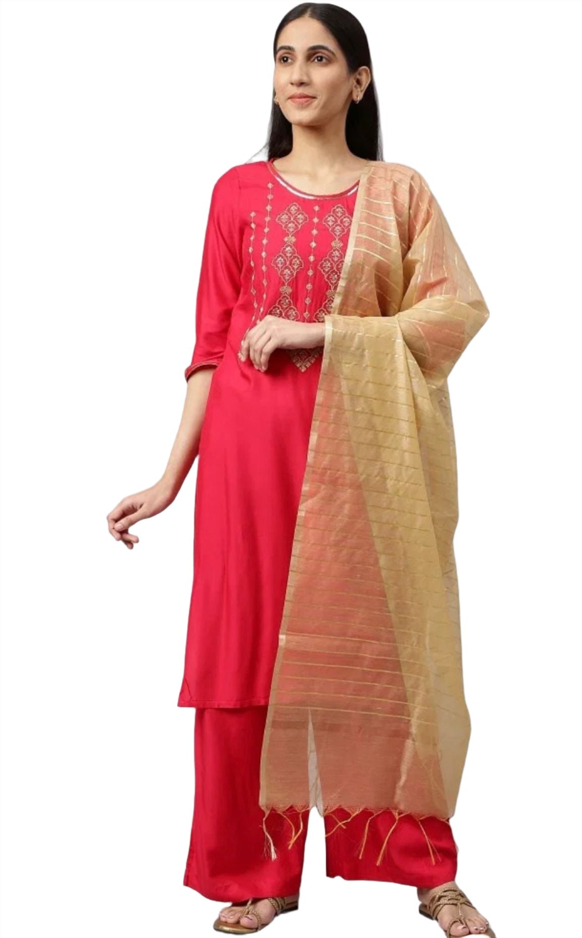 Maroon Embroidered kurta-Palazzo-Gold Dupatta Set in Germany