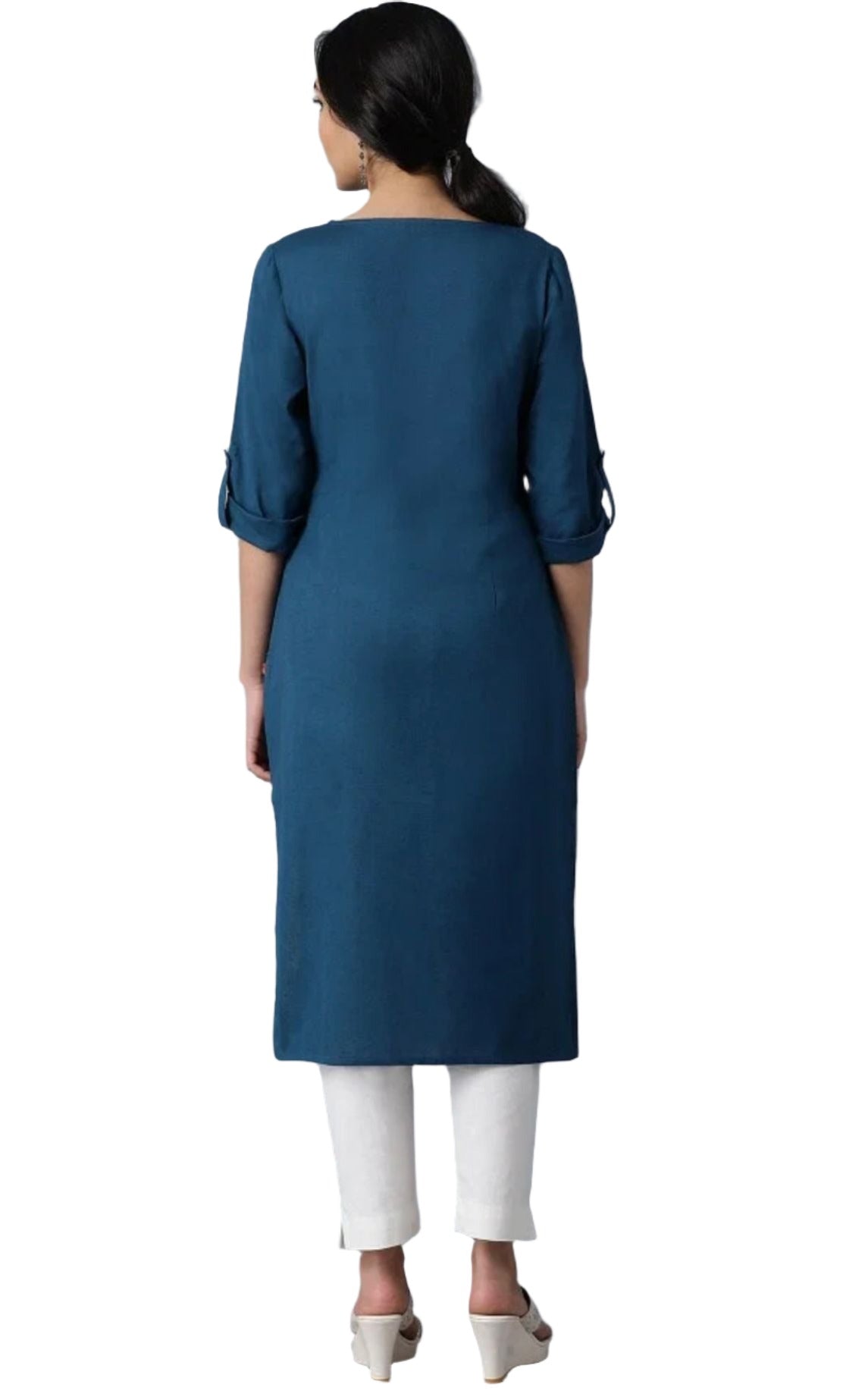 Blue Round Neck Solid kurta in Germany