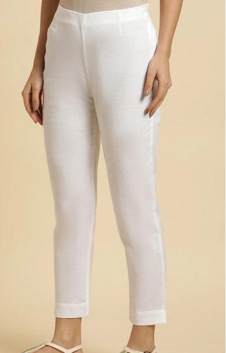 Ecru Solid Cotton Flax Slim Pants in Germany