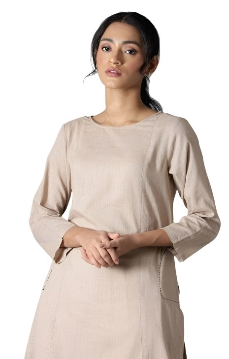 Beige Classic A-Line kurta With Kantha In Round Neck in Paris