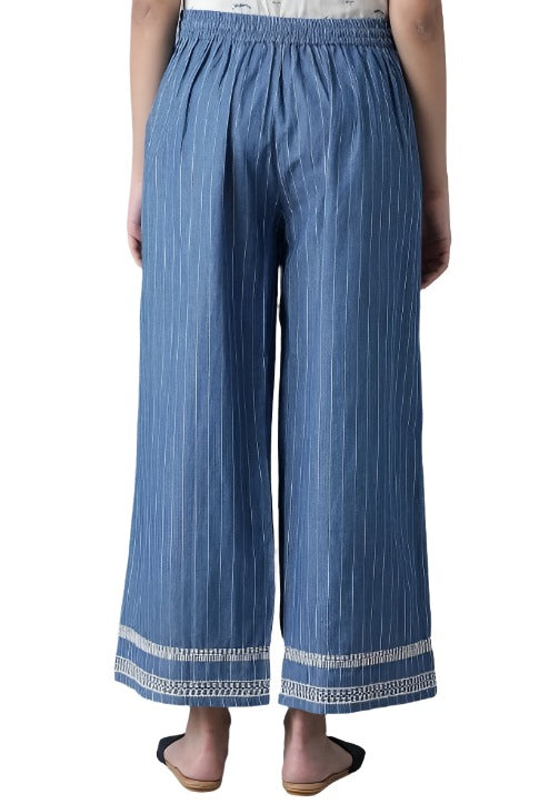 Blue Denim Pinstriped Parallel Pants embroidery and fabric detail - Neha Couture Indian Fashion