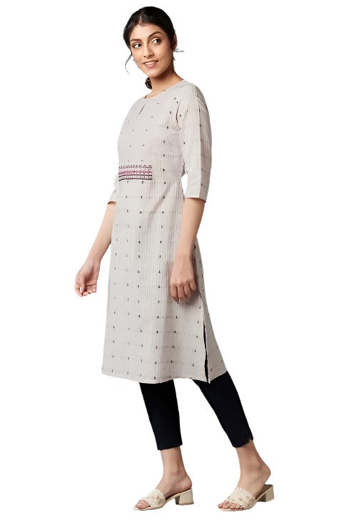 Beige Cotton Dobby kurta With Embroidered Yoke in Paris