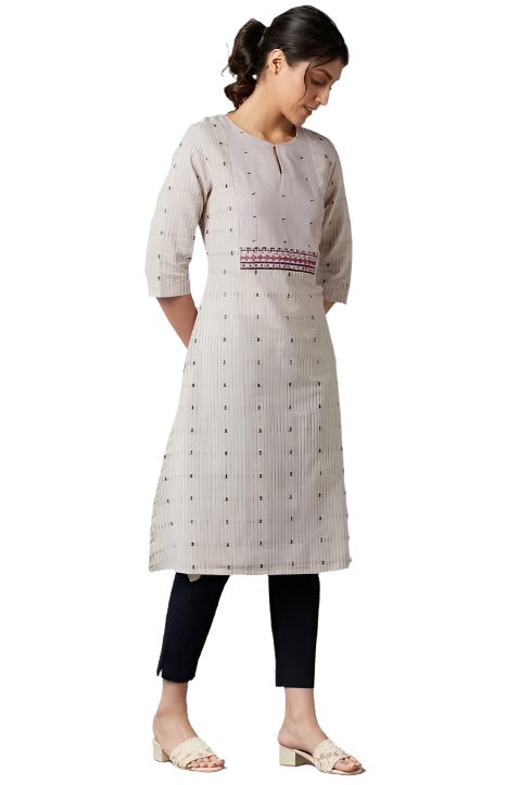 Beige Cotton Dobby kurta With Embroidered Yoke in Paris