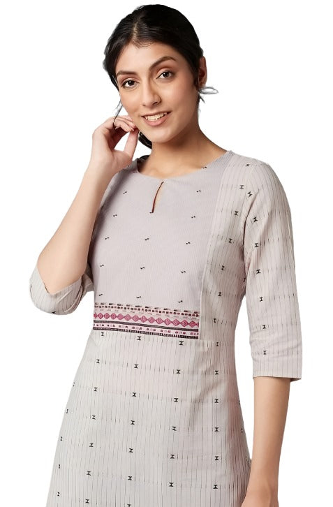 Beige Cotton Dobby kurta With Embroidered Yoke in Paris