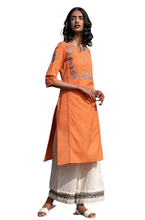 Orange Embroidered Straight kurta in Essen