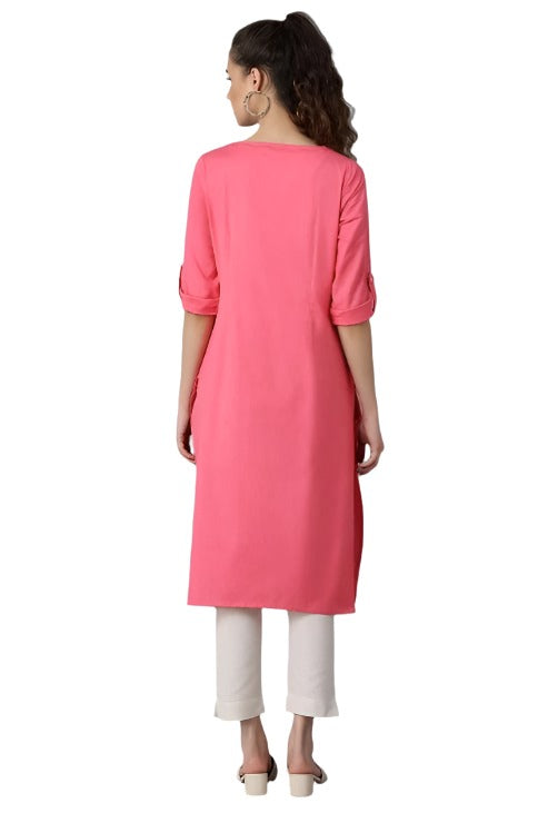 Pink Round Neck Solid kurta in Paris