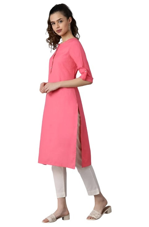 Pink Round Neck Solid kurta in Paris