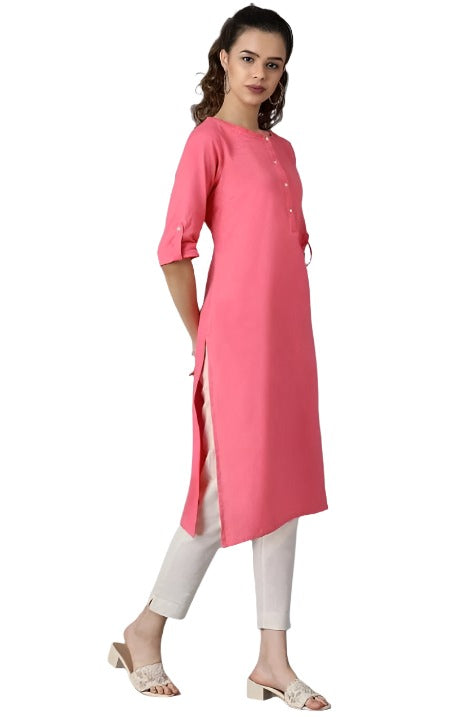 Pink Round Neck Solid kurta in Paris