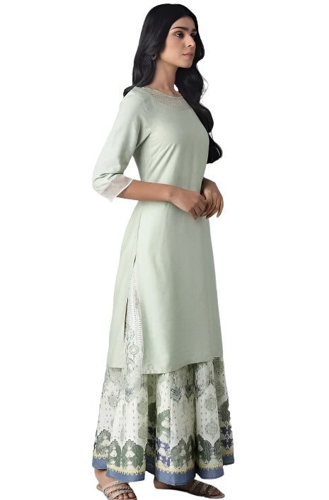 Sage Green Printed kurta with Organza Detail in Germany