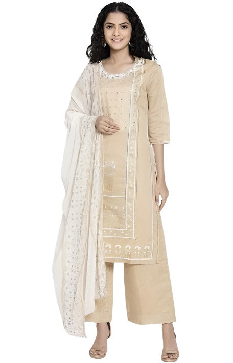 Beige Printed kurta Palazzo Dupatta Set in Essen