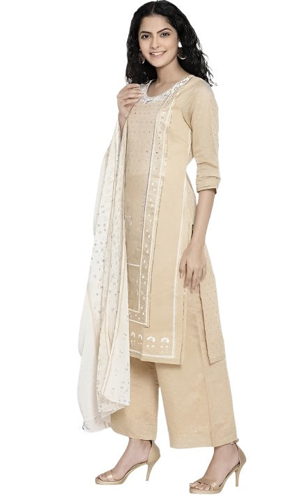 Beige Printed kurta Palazzo Dupatta Set in Essen