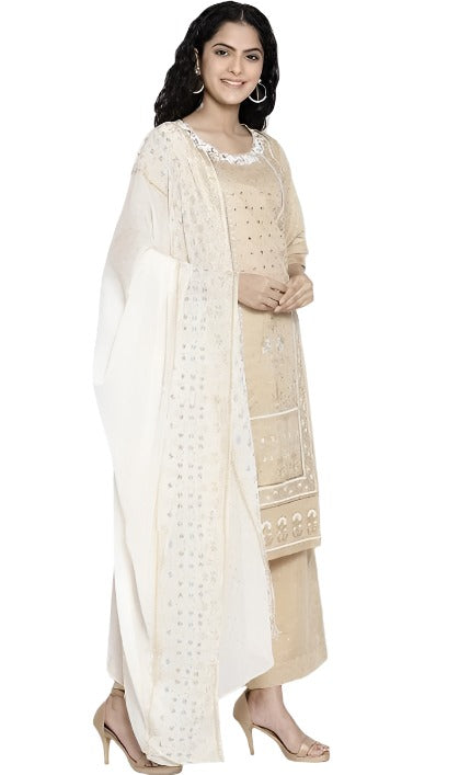 Beige Printed kurta Palazzo Dupatta Set in Essen
