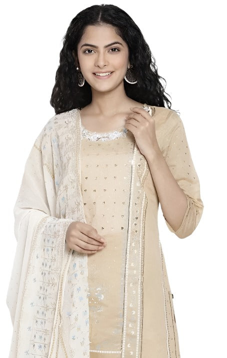 Beige Printed kurta Palazzo Dupatta Set in Essen