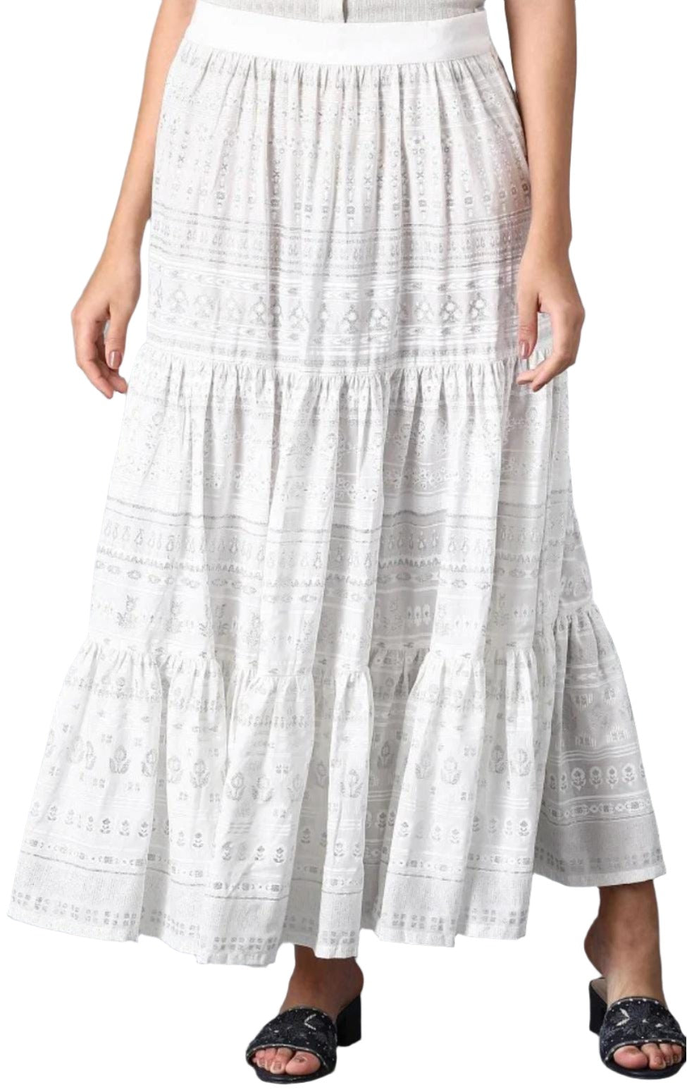 Ecru Glitter Printed Tiered Skirt in Paris