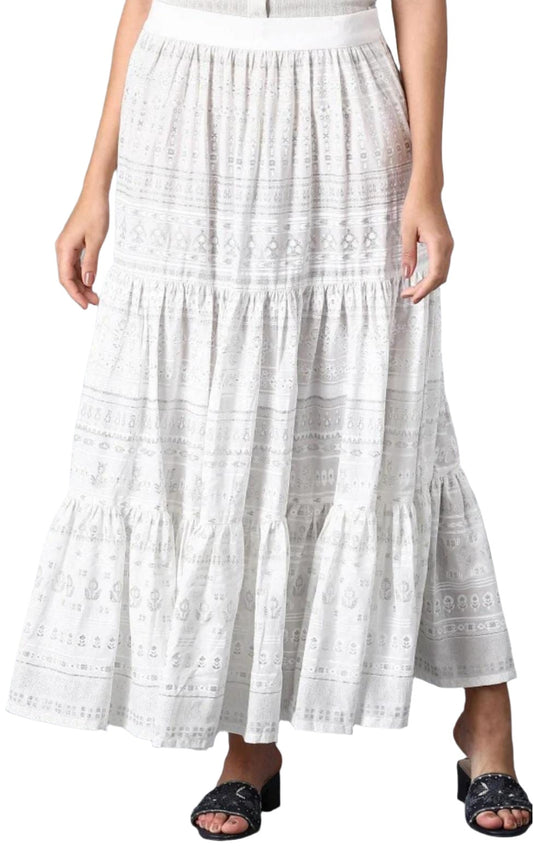 Ecru Glitter Printed Tiered Skirt in Paris