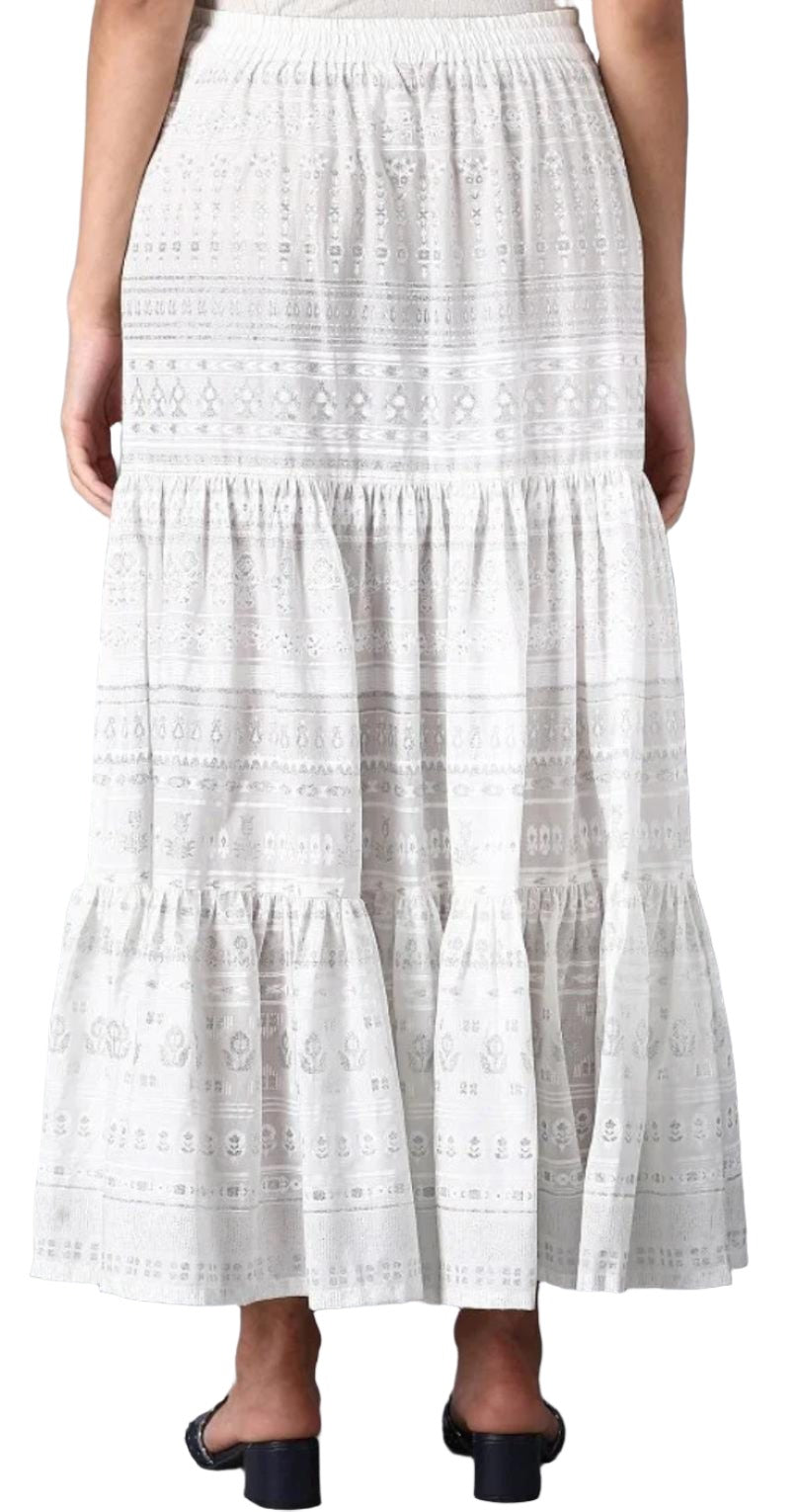 Ecru Glitter Printed Tiered Skirt in Paris