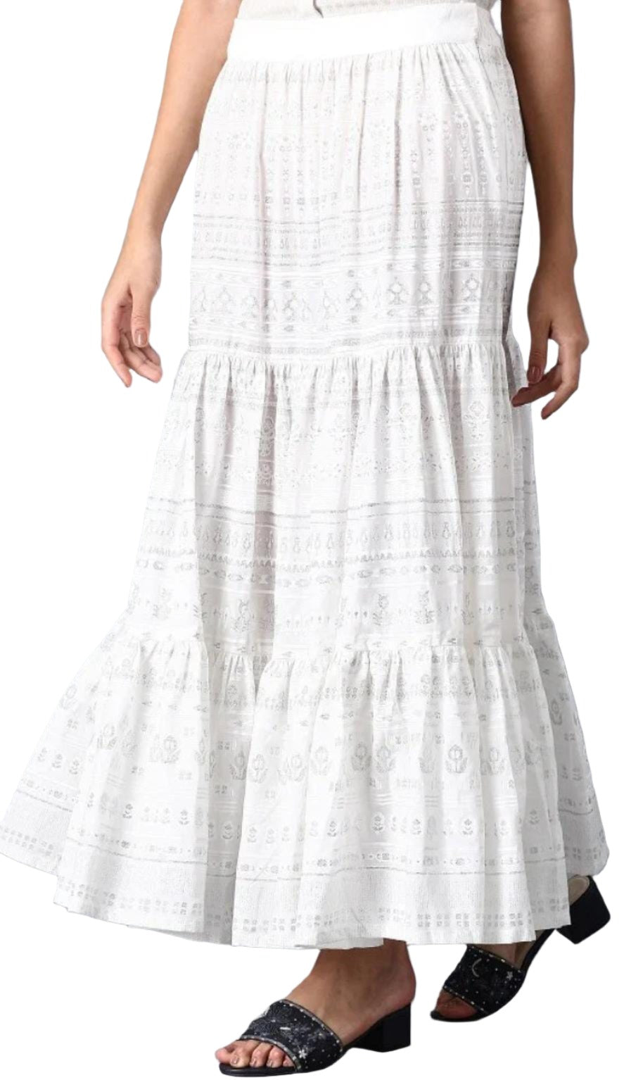 Ecru Glitter Printed Tiered Skirt in Paris