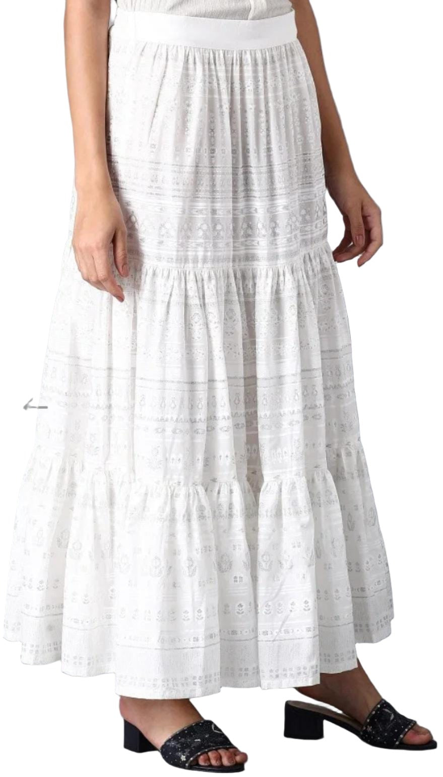 Ecru Glitter Printed Tiered Skirt in Paris