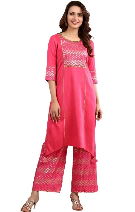Pink Round Neck Asymmetrical kurta Set in Essen