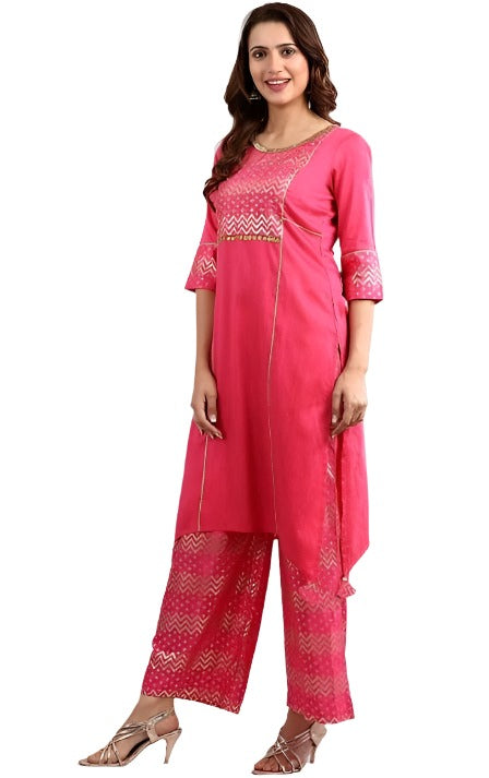 Pink Round Neck Asymmetrical kurta Set in Essen