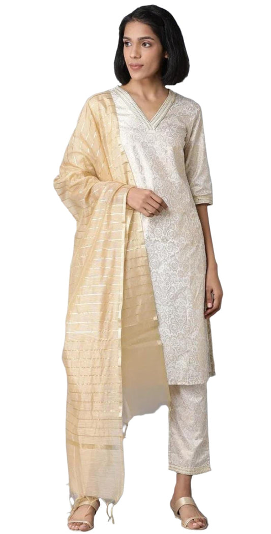 Off-White Yarn-Dyed Straight kurta-Trousers-Dupatta Set in Germany
