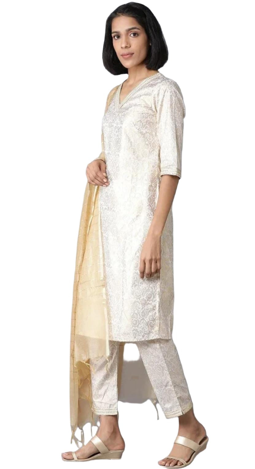 Off-White Yarn-Dyed Straight kurta-Trousers-Dupatta Set in Germany