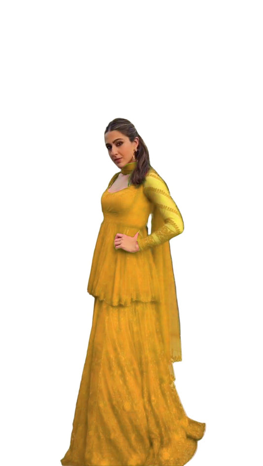Yellow georgette thread embroidery work   designer palazzo suit in Essen