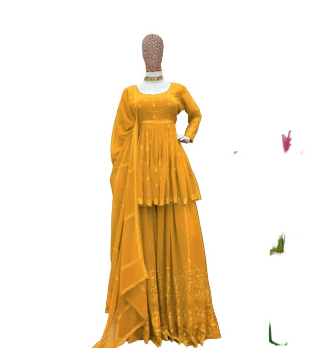 Yellow georgette thread embroidery work   designer palazzo suit in Essen