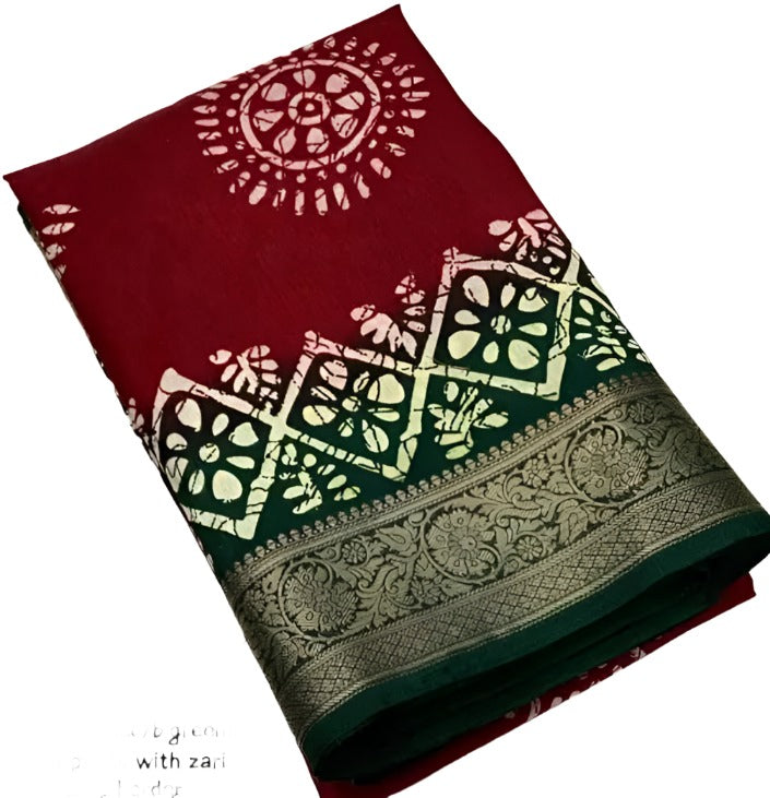 Printed Soft Cotton Crepe Silk Saree With Jacquard Border in Paris