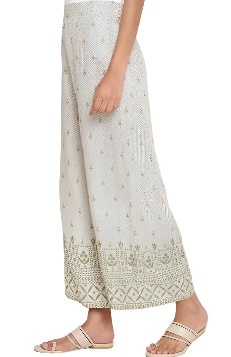 Ecru and Olive Printed Parallel Pants in Paris