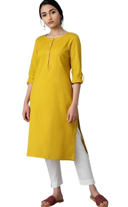 Mustard Yellow Round Neck Solid kurta in Essen