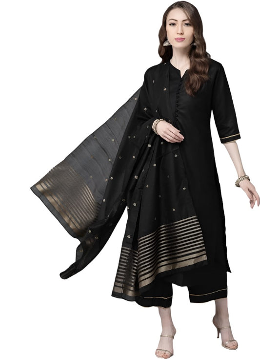 Black Pure Cotton Kurta with Palazzos & With Dupatta in Germany