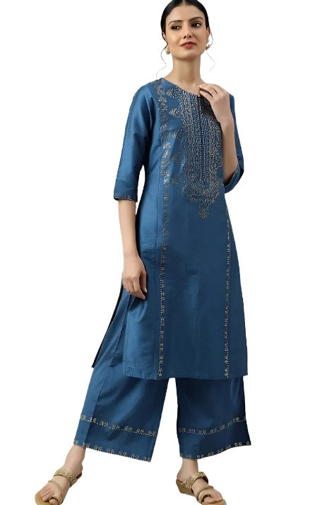 Blue Mukaish Placement Print kurta in Germany