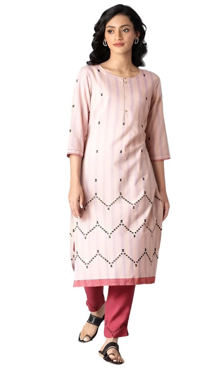 Peach Striped Cotton Dobby kurta In Round Neck in Berlin