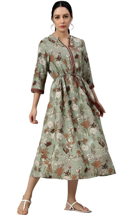 Green Printed Gathered Western Dress in Germany