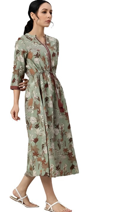 Green Printed Gathered Western Dress in Germany
